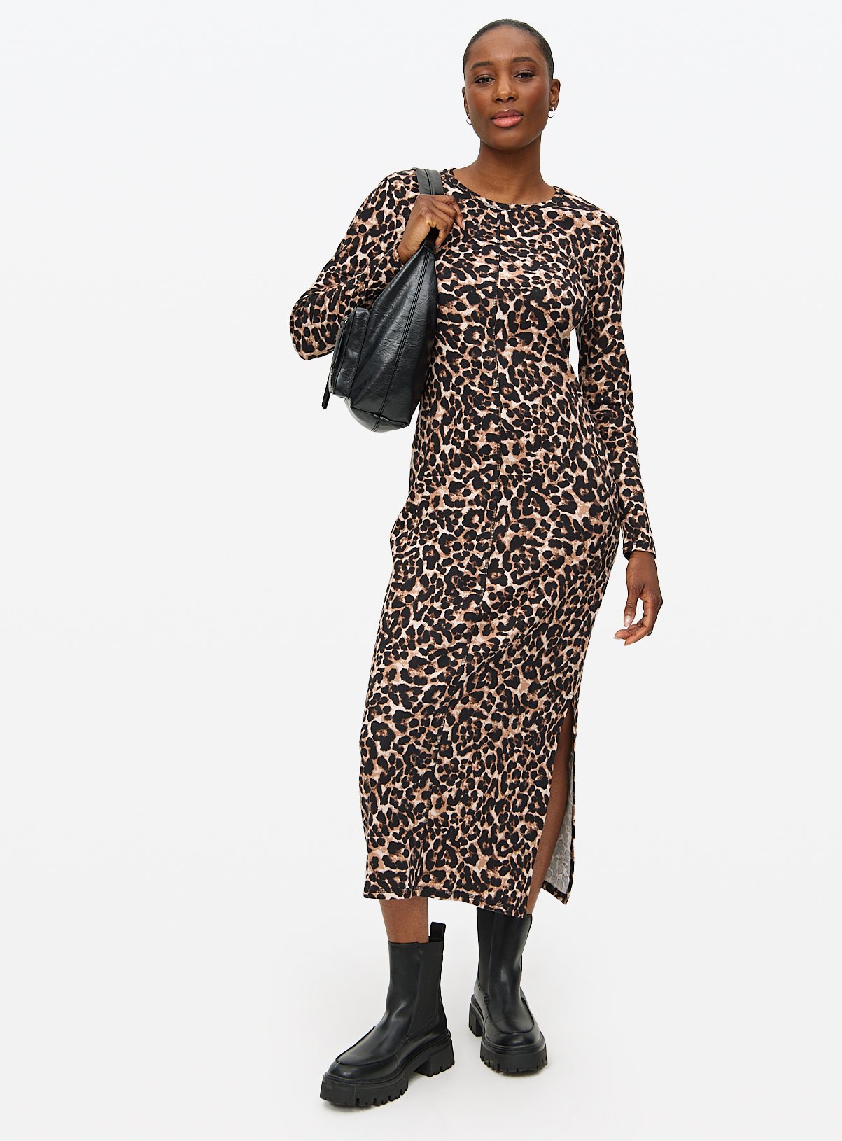 Animal Print Ribbed Column Midi Dress 
