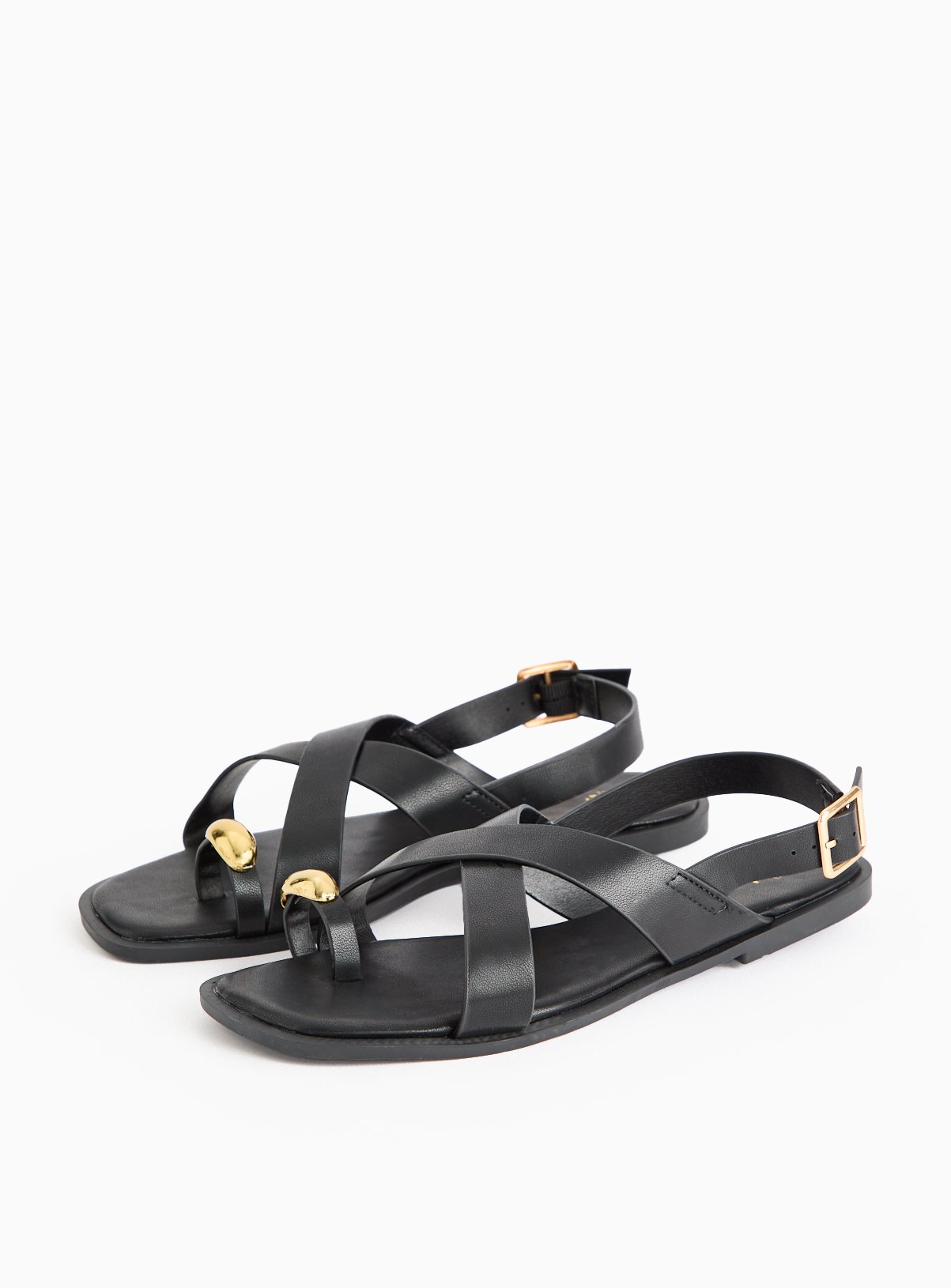 Black Strappy Sandals With Metal Embellishment 