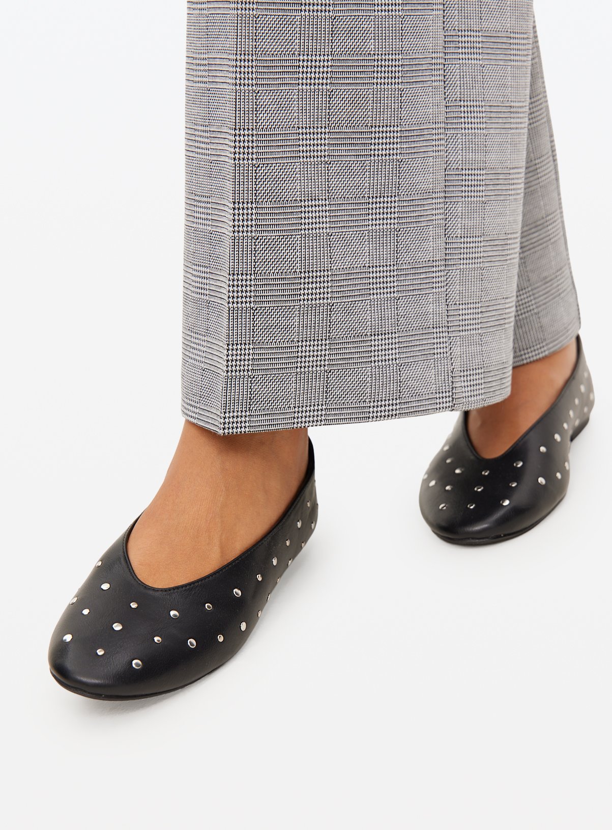 Black Faux Leather Studded Ballerina Pumps 