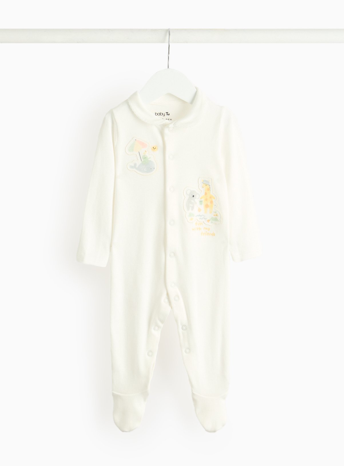 White Animal Printed Collared Sleepsuit