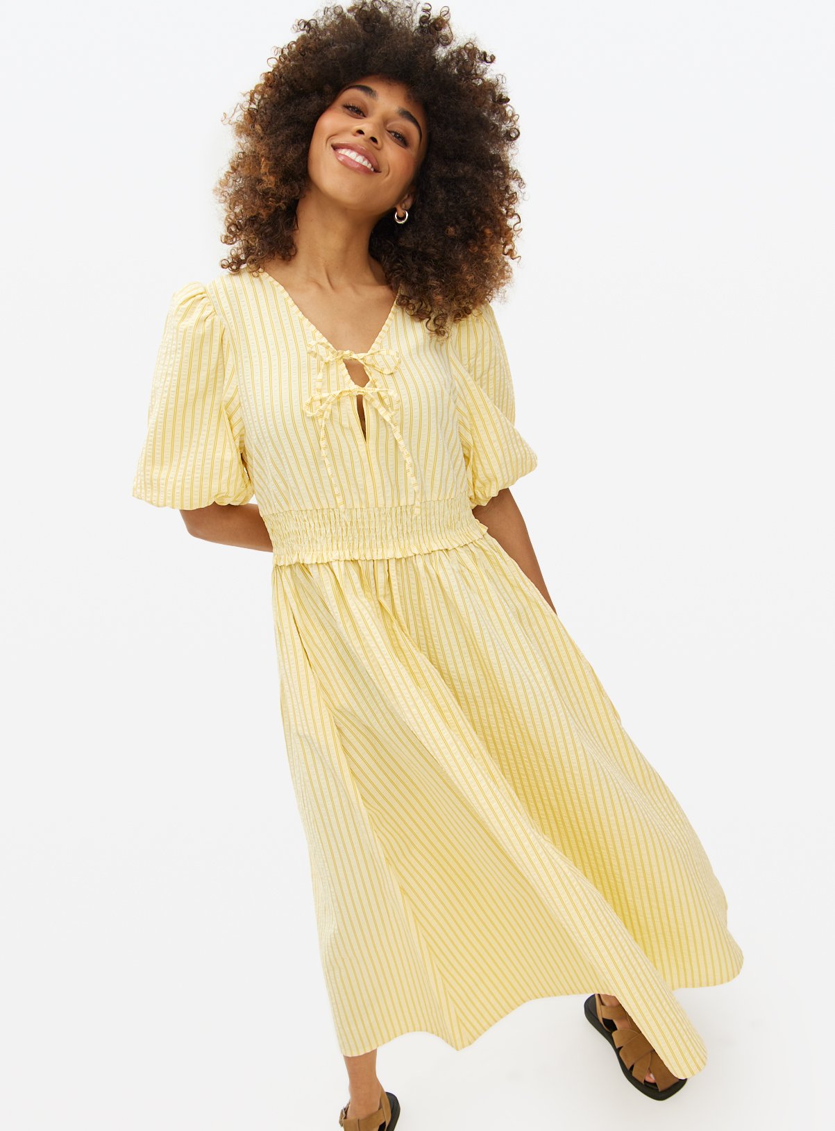 Yellow Striped Tie Detail Midaxi Tea Dress 
