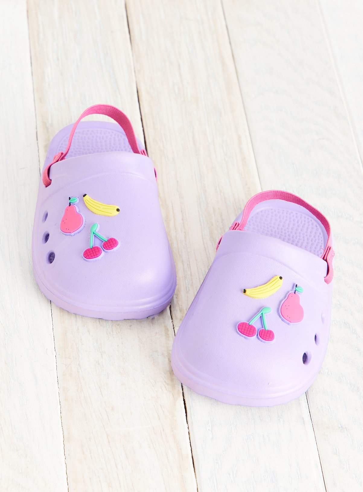 Lilac Fruit Badge Ankle Strap Clogs 