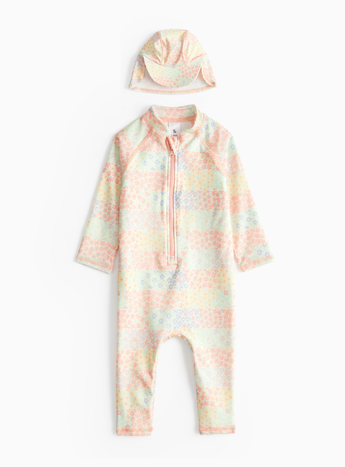 Pastel Floral Printed Sunsafe Swimsuit & Keppi Hat 6-9 months