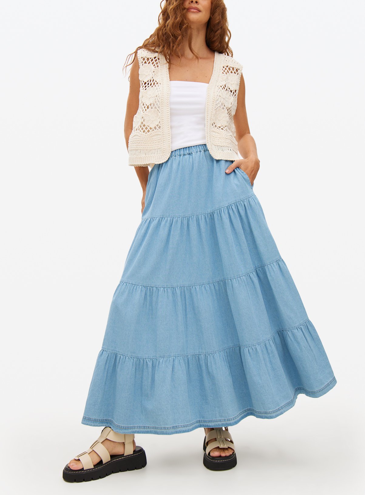 Light Washed Denim Tiered Full Skirt 