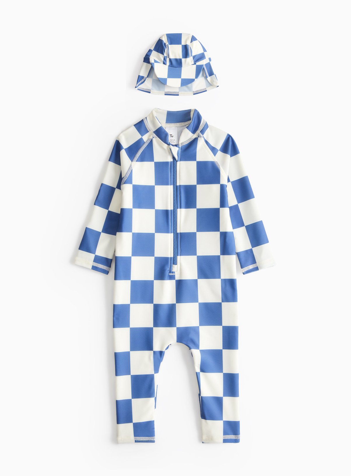Blue Chequered Print Sunsafe Swimsuit & Keppi Hat 