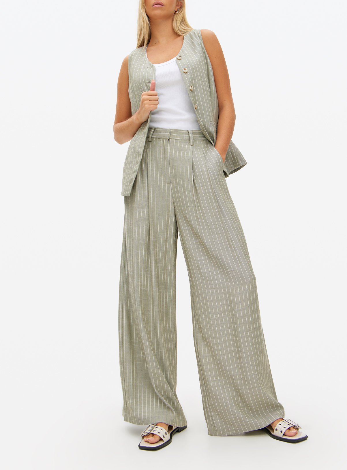 Sage Green Ultra-Wide Co-ord Tailored Trousers 