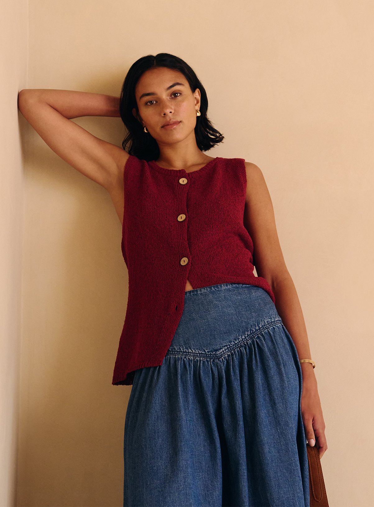 Dark Red Slub Button-Through Waistcoat 24