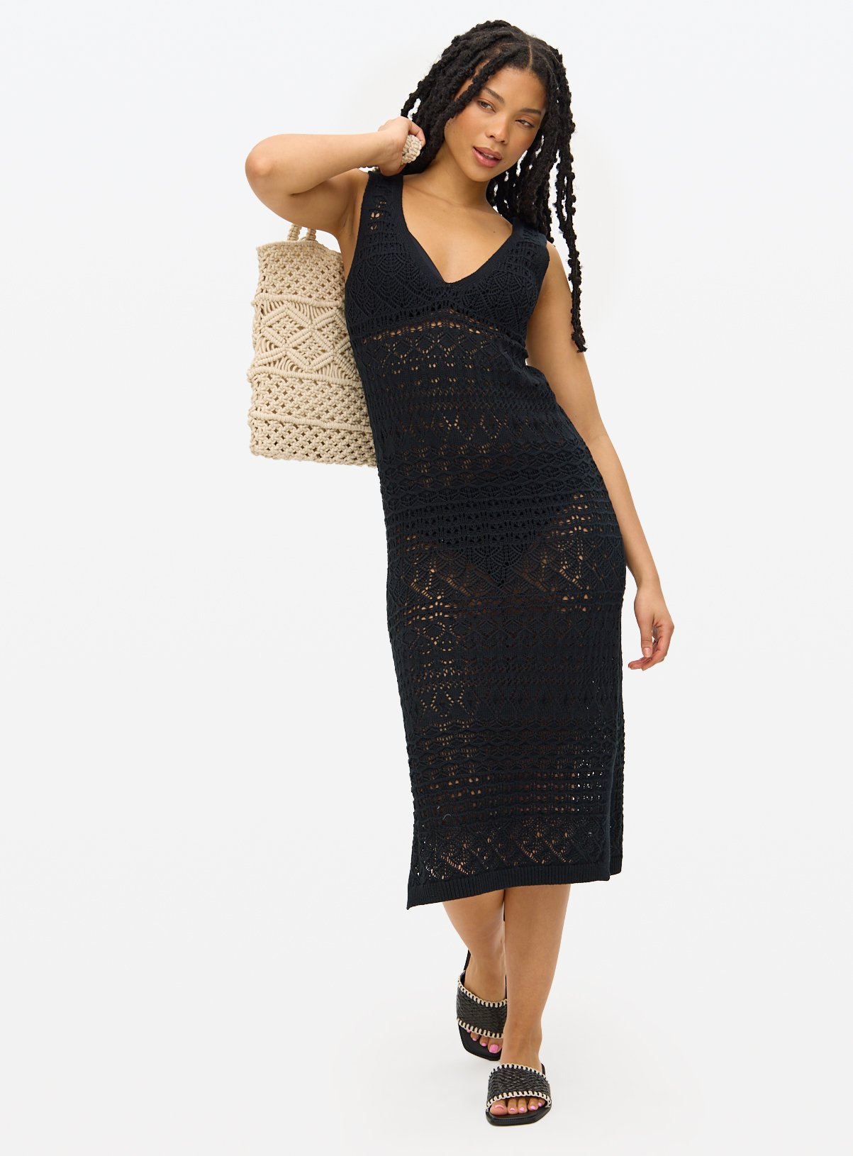 Black Pointelle Sleeveless Midi Dress 