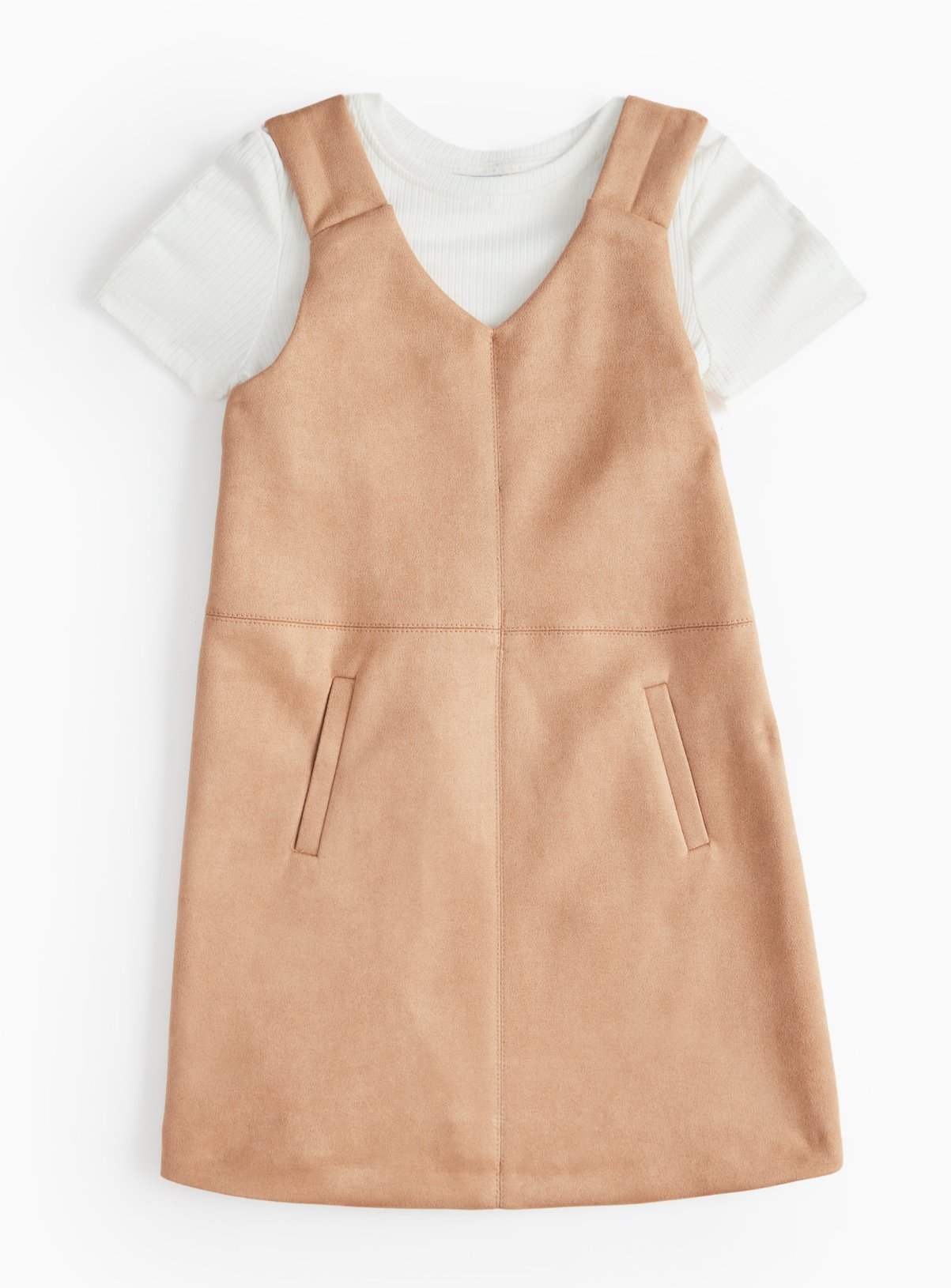 Tan Faux Suede Pinny & Short Sleeve Top Set 