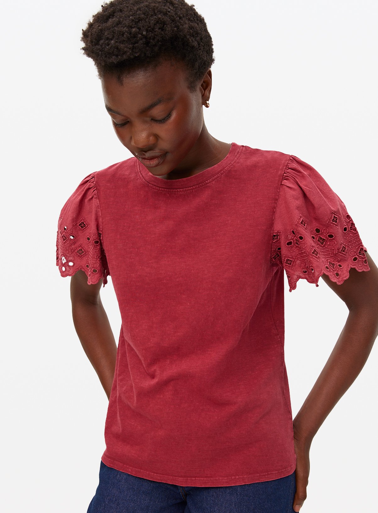 Burgundy Washed Broderie Sleeve T-Shirt 12
