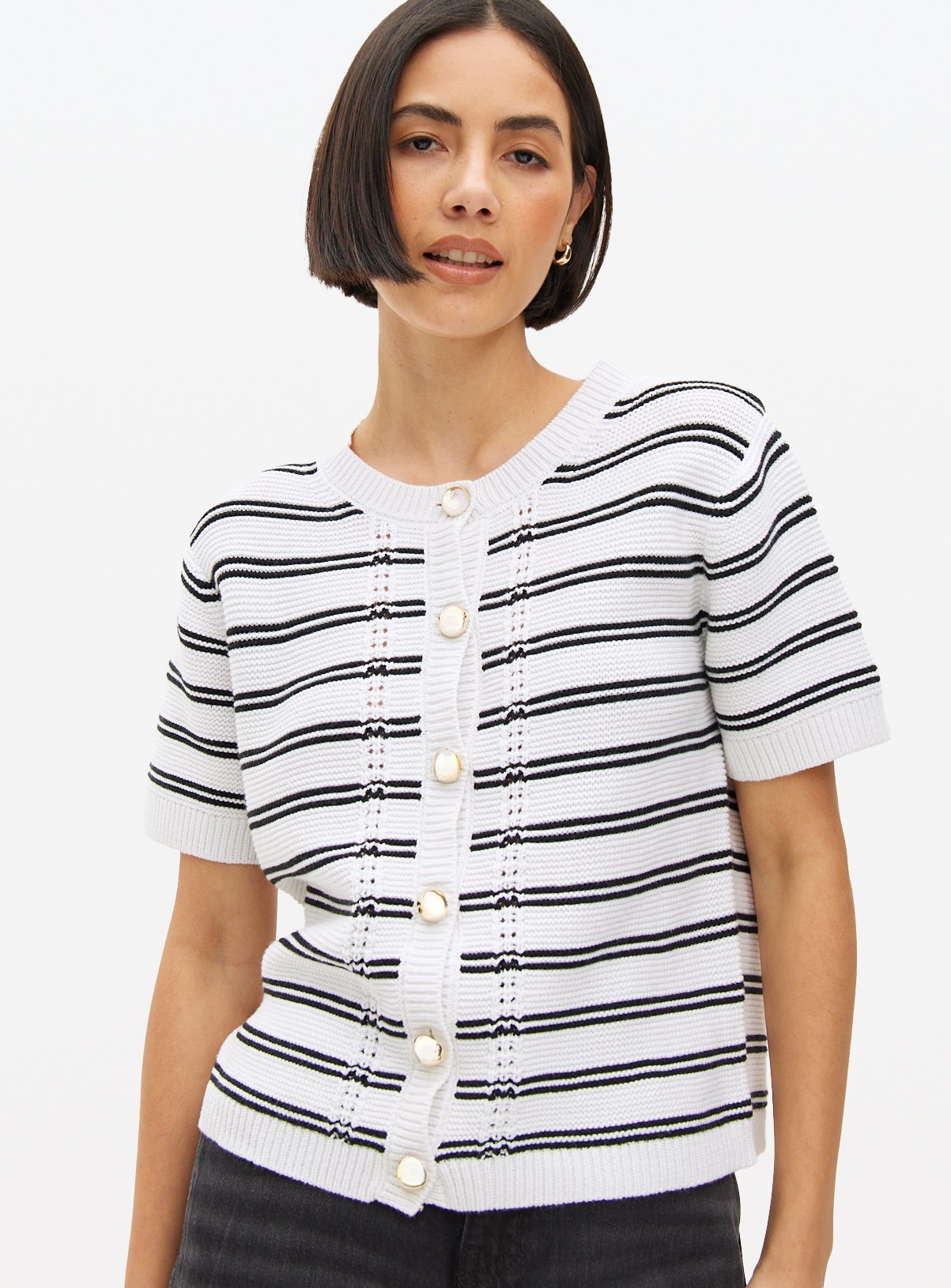 White Striped Short Sleeve Cardigan  