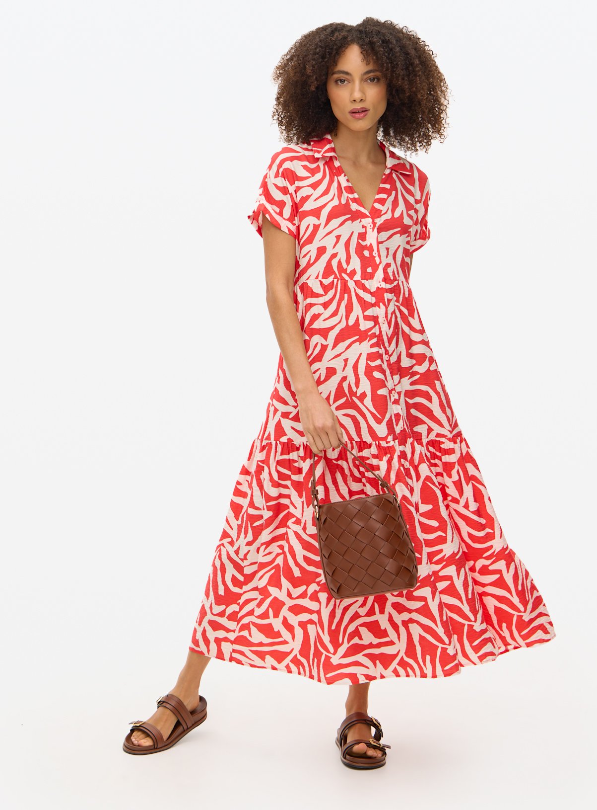 Red Leaf Print Tiered Shirt Dress 