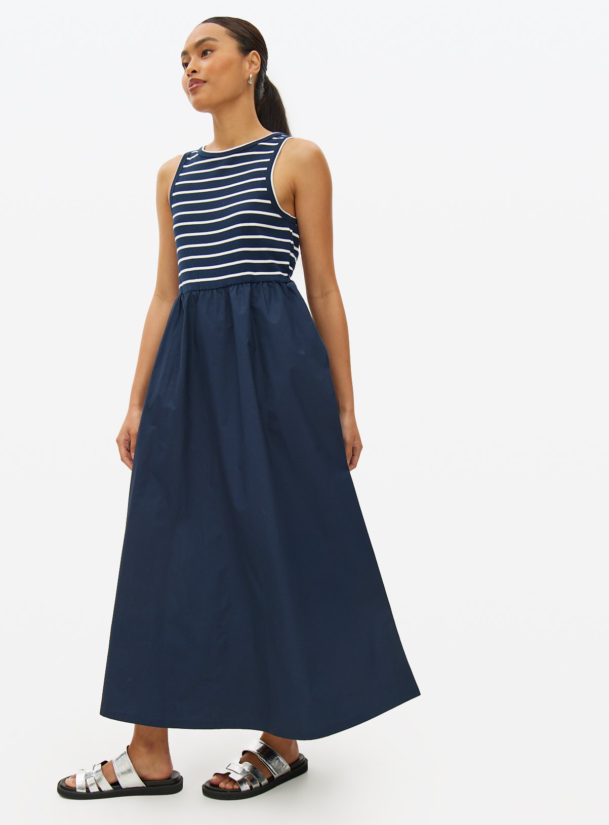 Navy Stripe Combined Poplin Midaxi Dress 