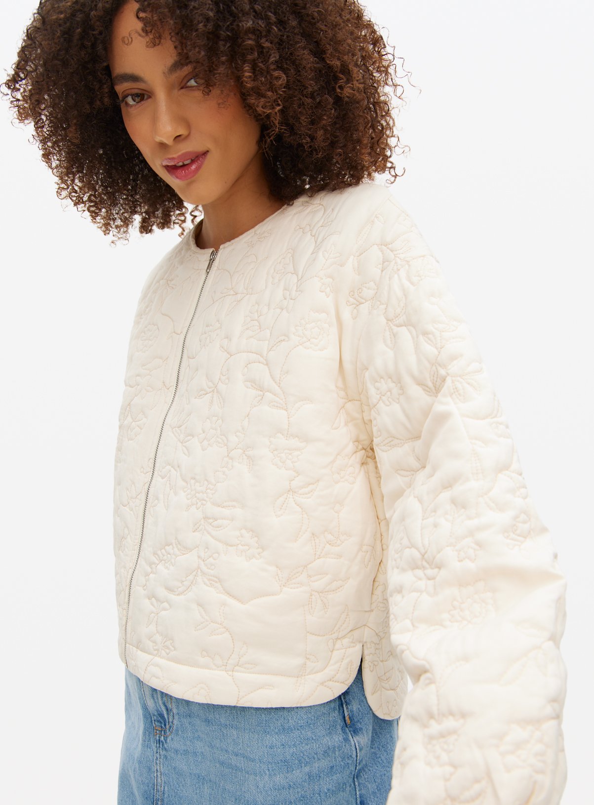 Cream Floral Embroidered Bomber Jacket L