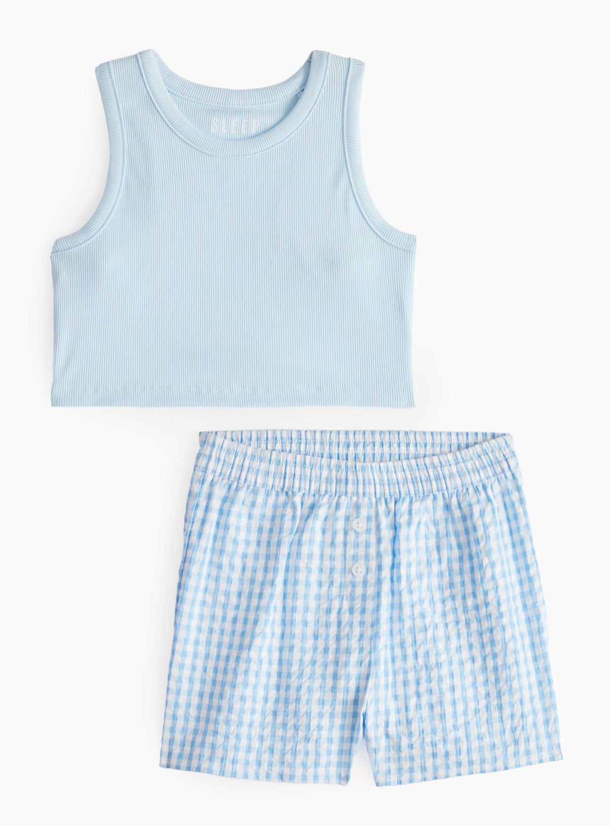 Blue Cropped Pyjama Vest & Gingham Shorts Set 