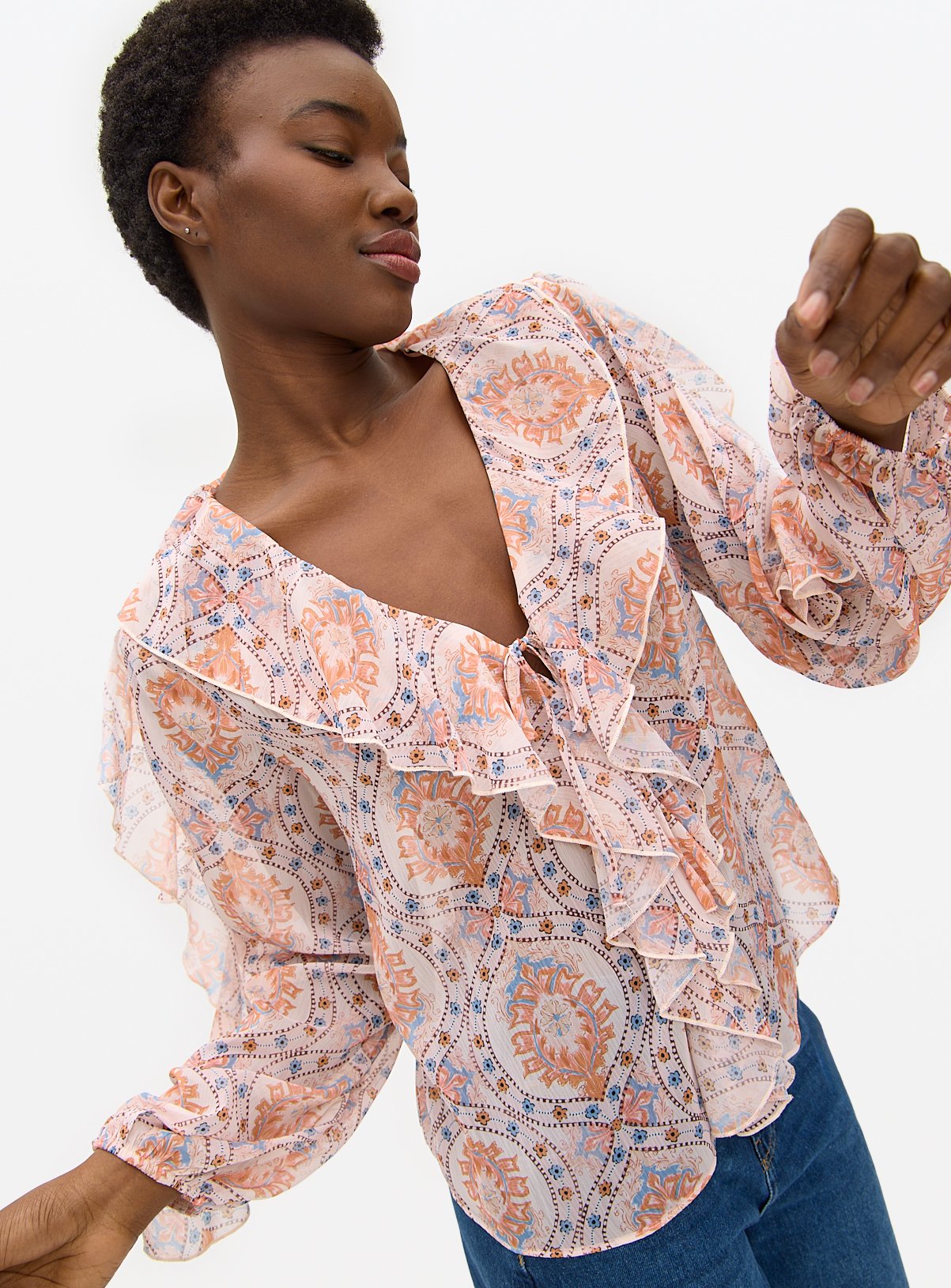 Pink Paisley Print Ruffle Blouse 