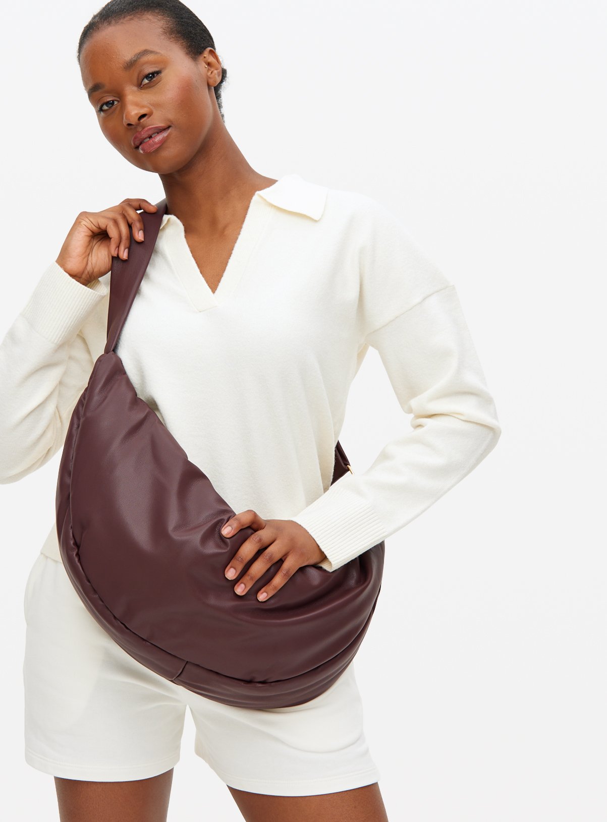 Burgundy Faux Leather Oversized Half Moon Bag One Size