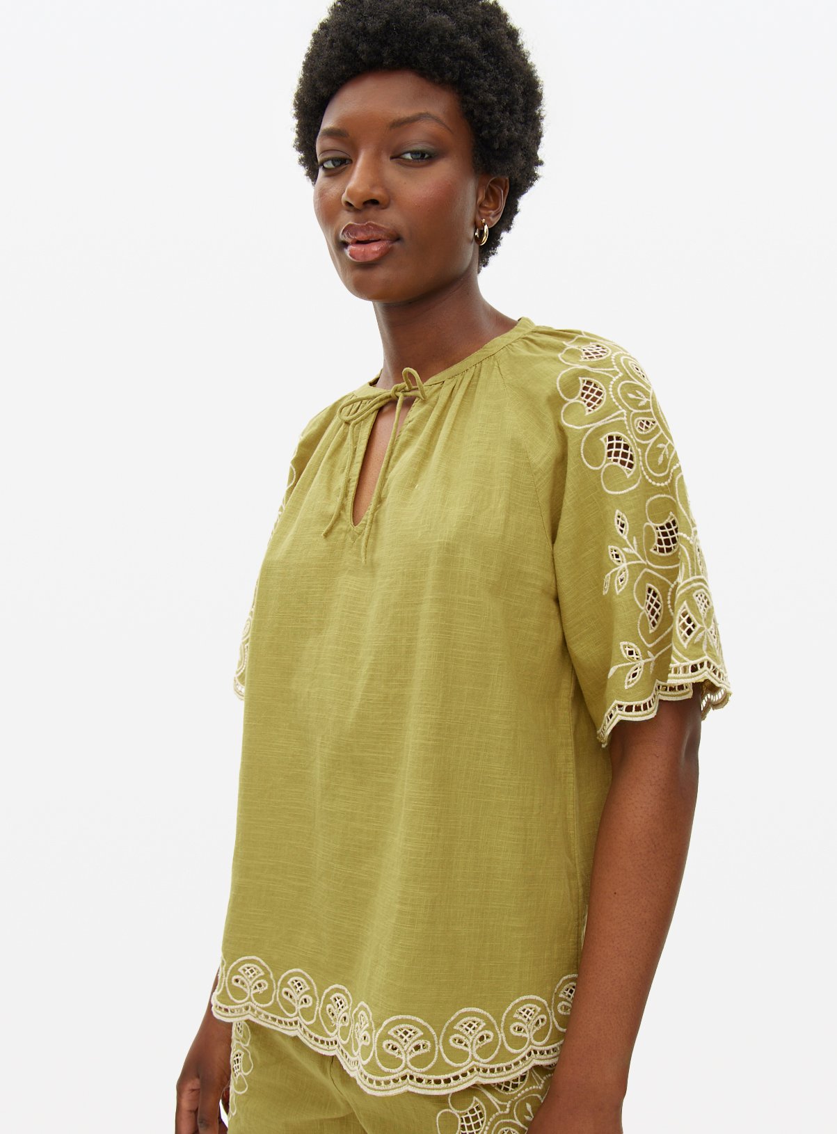 Green Embroidered Co-ord Peasant Blouse