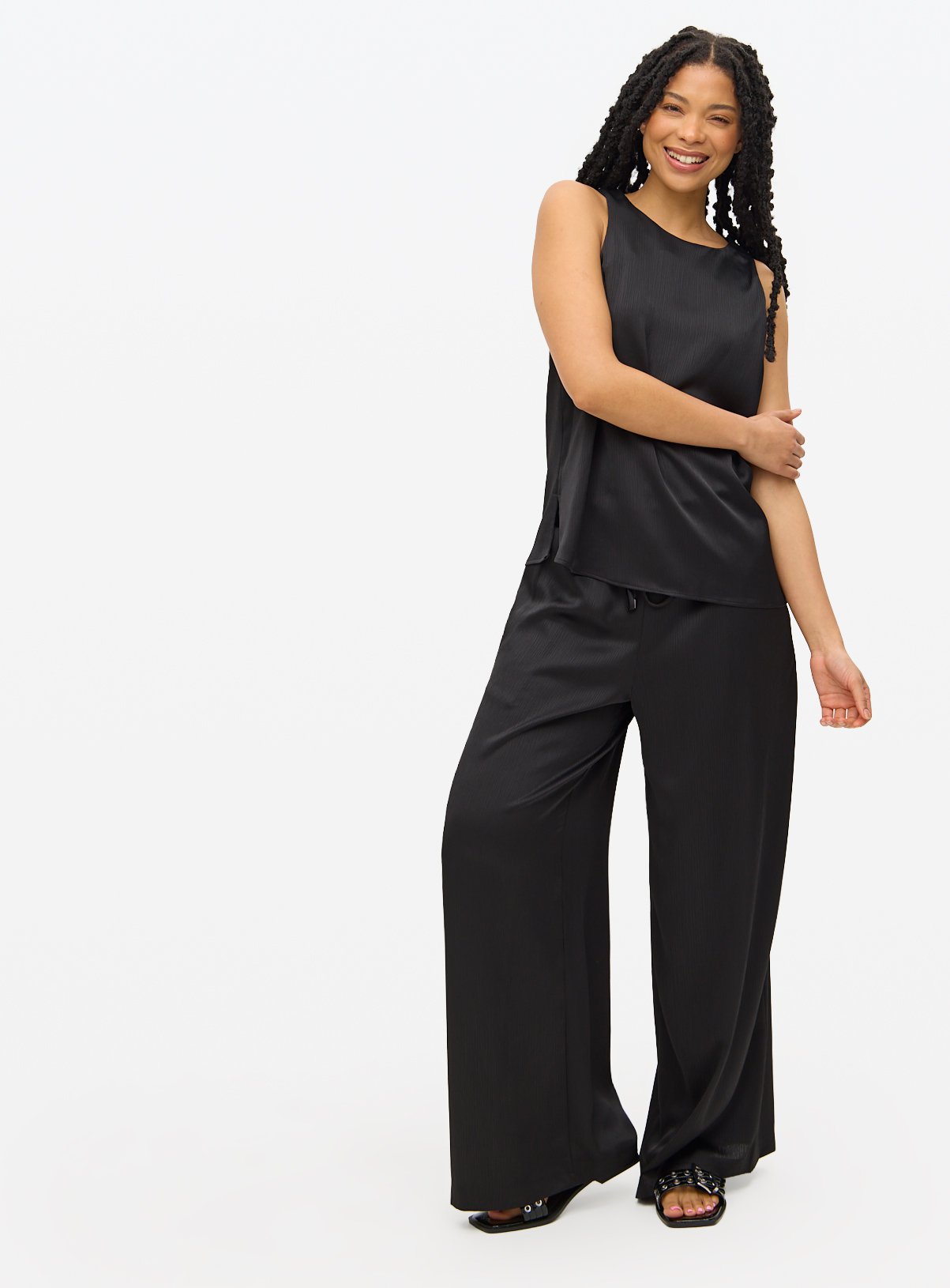 Black Satin Plisse Ultra Wide Leg Co-ord Trousers 8