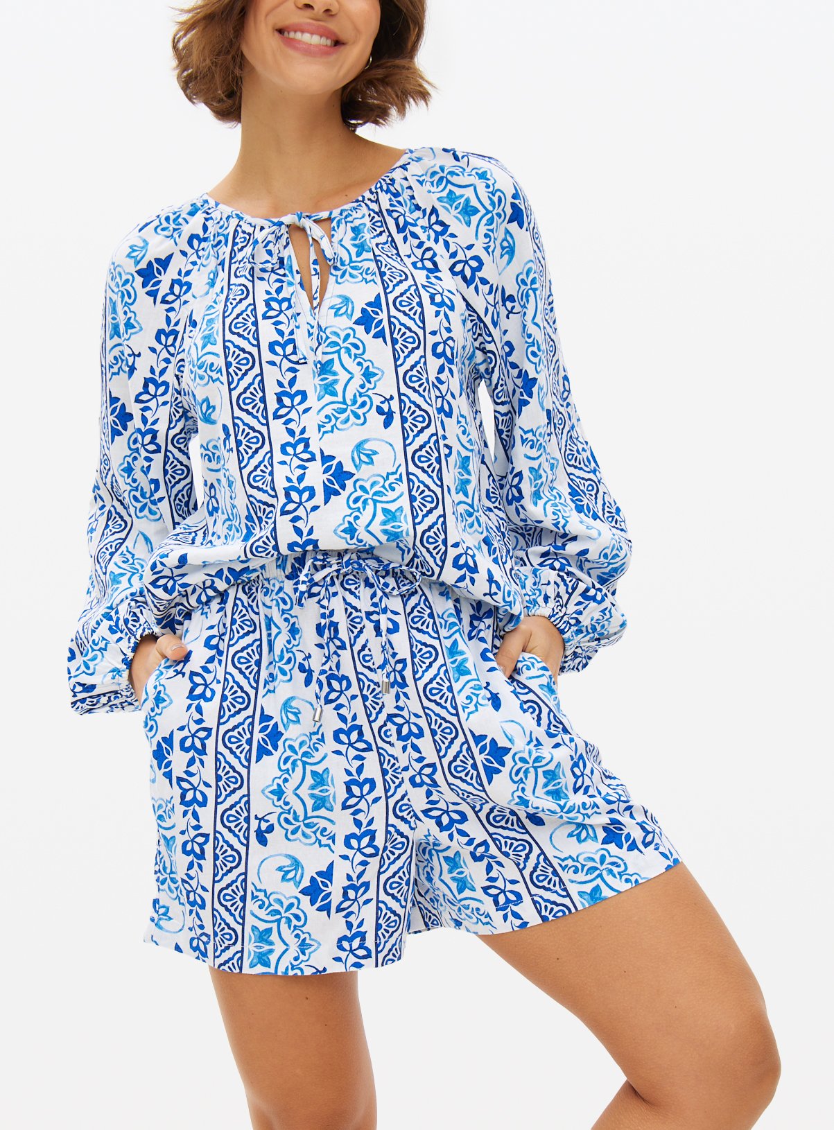 Blue Tile Print Linen Blend Co-ord Shorts 20