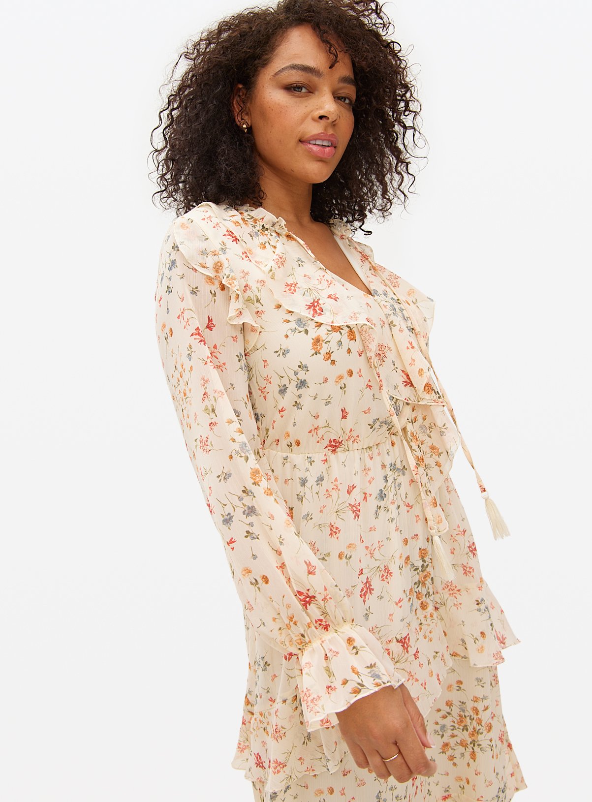 Cream Floral Ruffle Maxi Romantic Dress