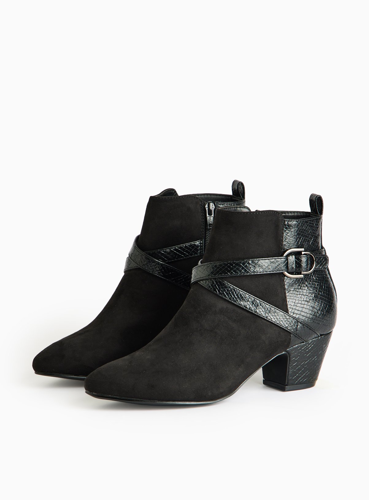 Black Faux Suede Buckle Strap Detail Heeled Ankle Boots 