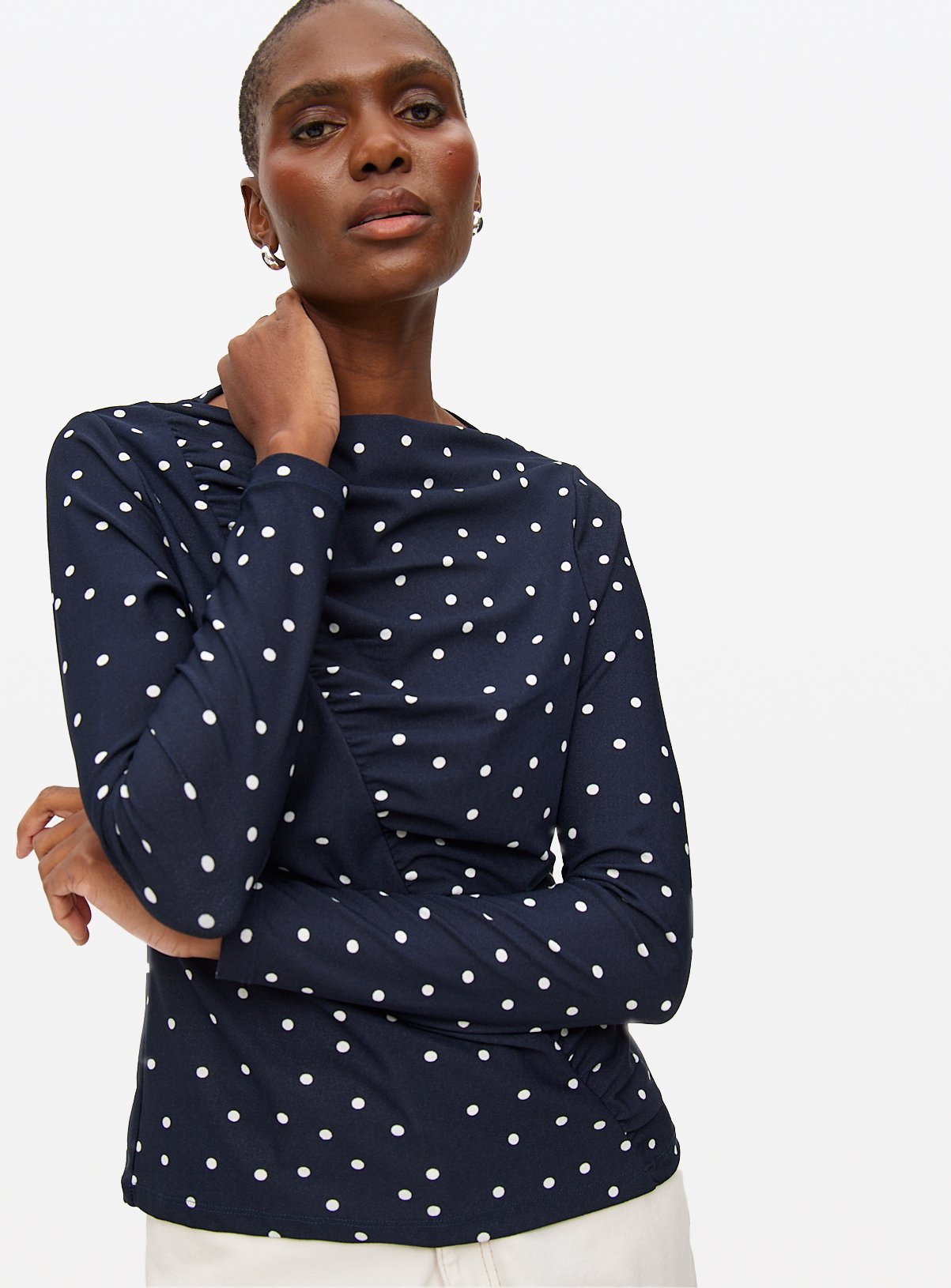 Navy Polka Dot Draped Top  
