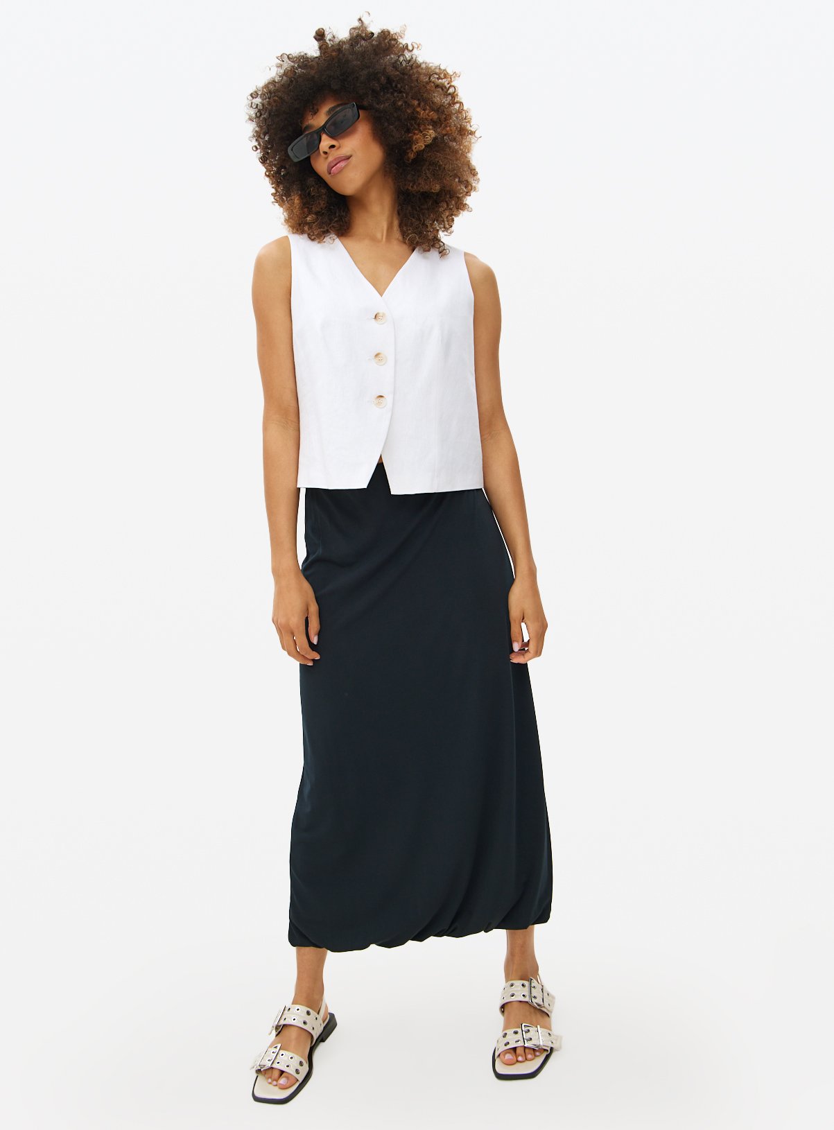 Black Crepe Bubble Hem Midaxi Skirt