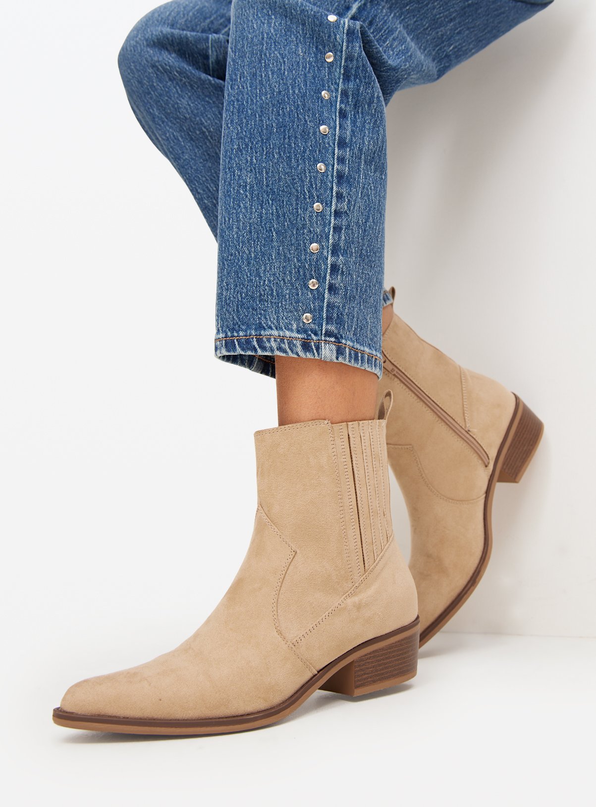 Beige Faux Suede Western Ankle Boots