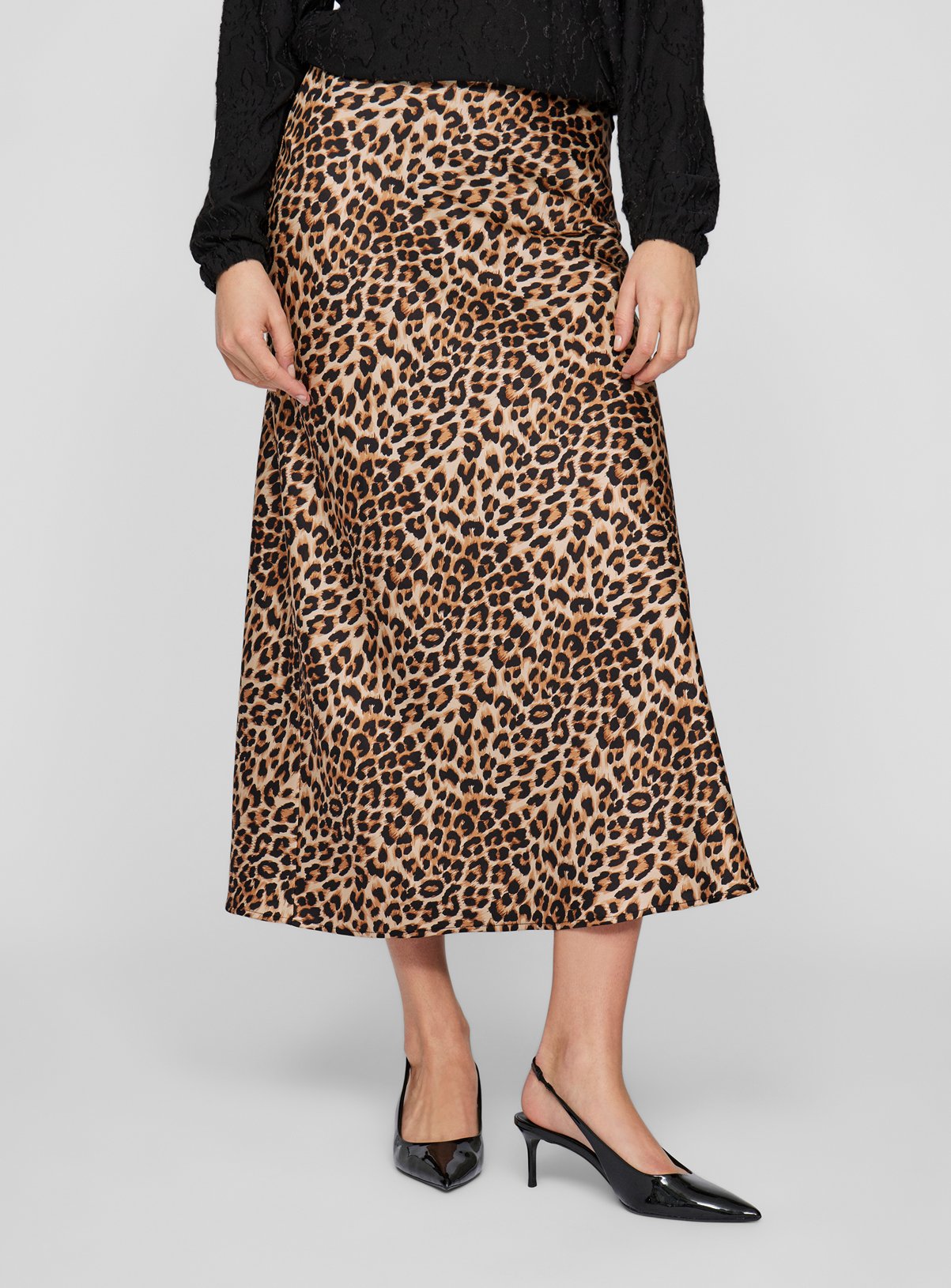 VILA Satin Midi Skirt Leopard