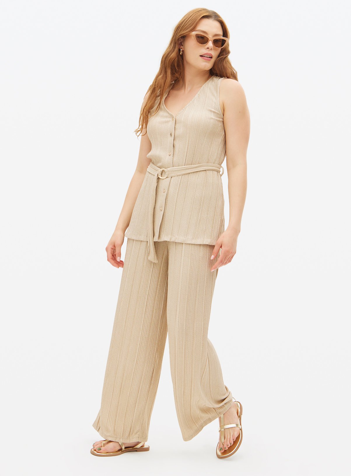 Beige Textured Wide Leg Co-ord Trousers 