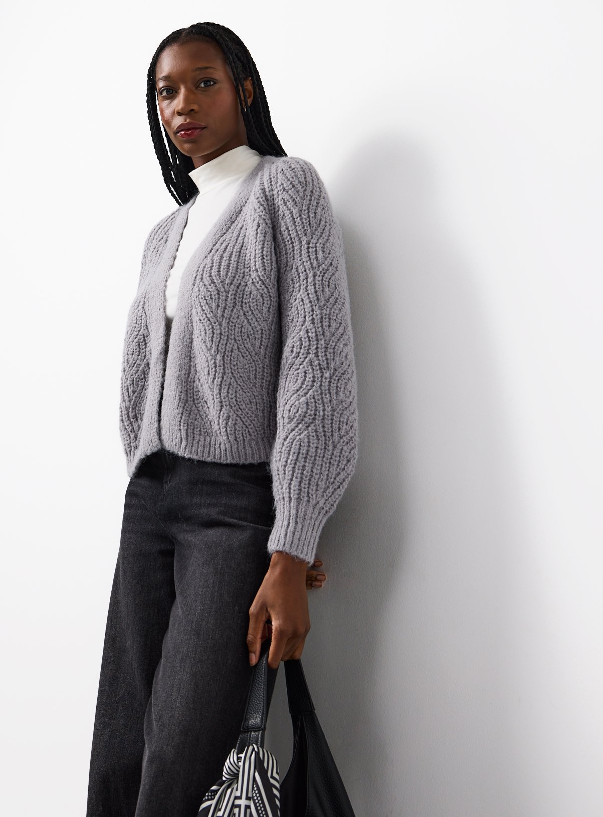 Dark Grey Cropped Cable Knit Cardigan XL