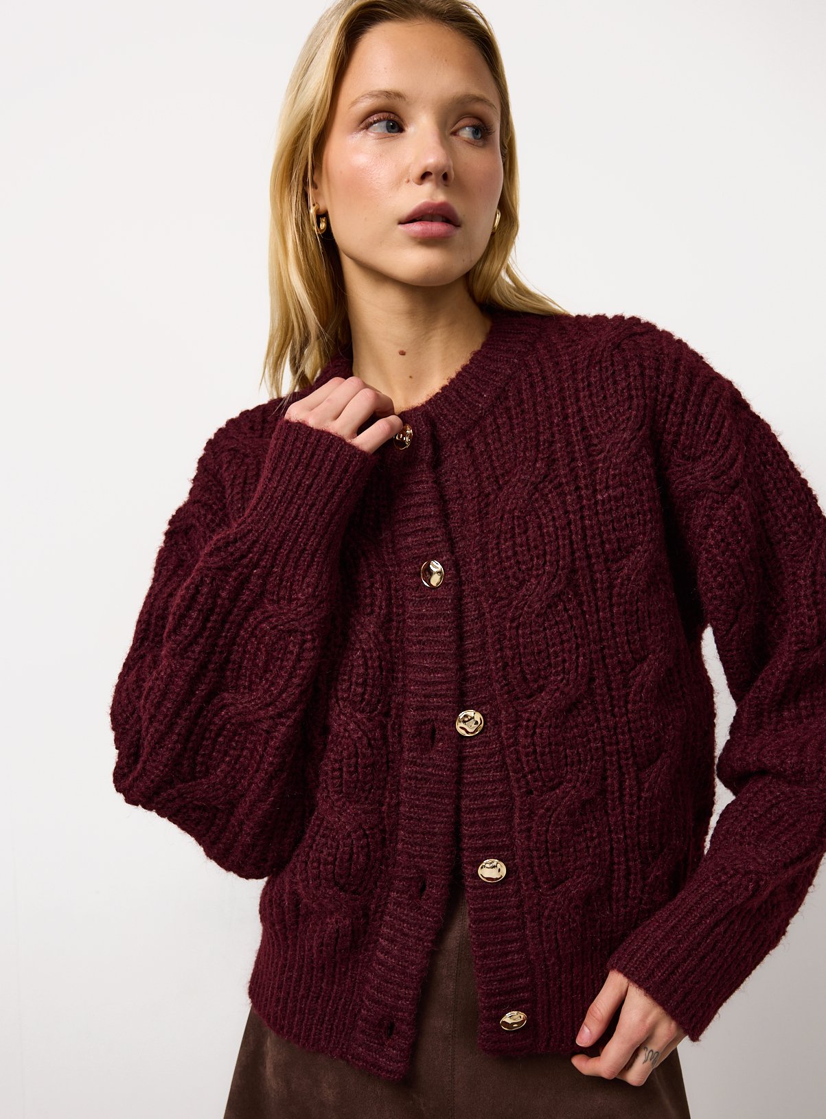 Burgundy Crew Neck Cable Knit Cardigan 8