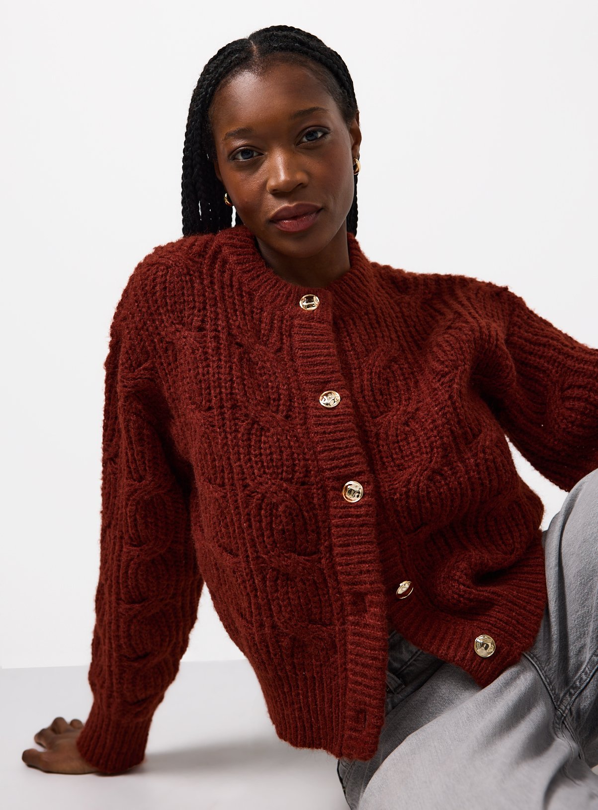 Crew Neck Cable Knit Cardigan 