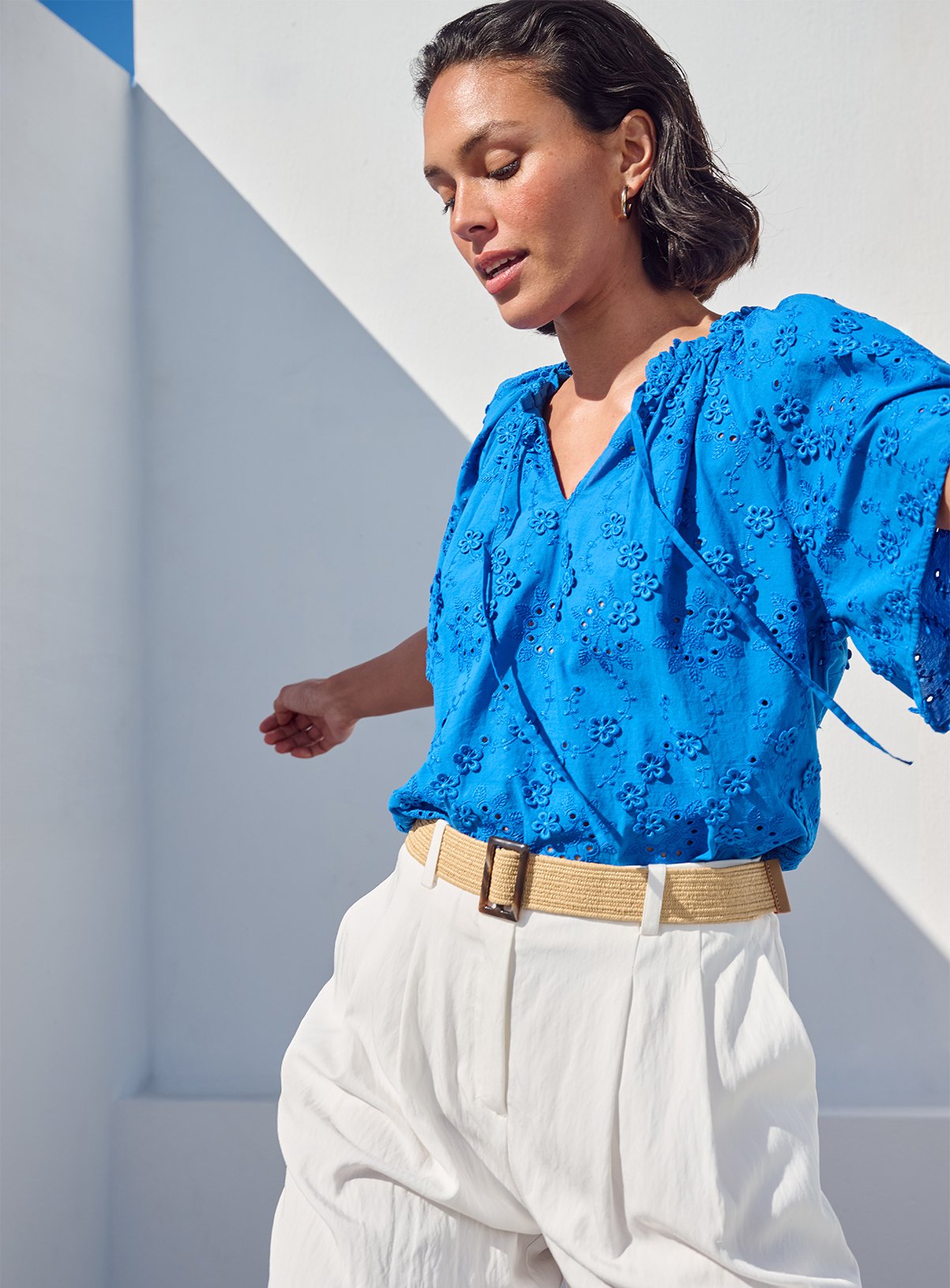 Flower Embroidered Tie-Neck Blouse 