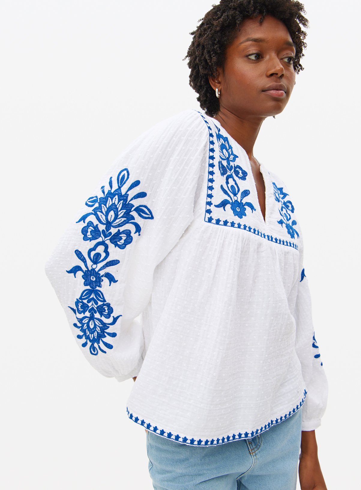 White Embroidered Floral Boho Blouse 