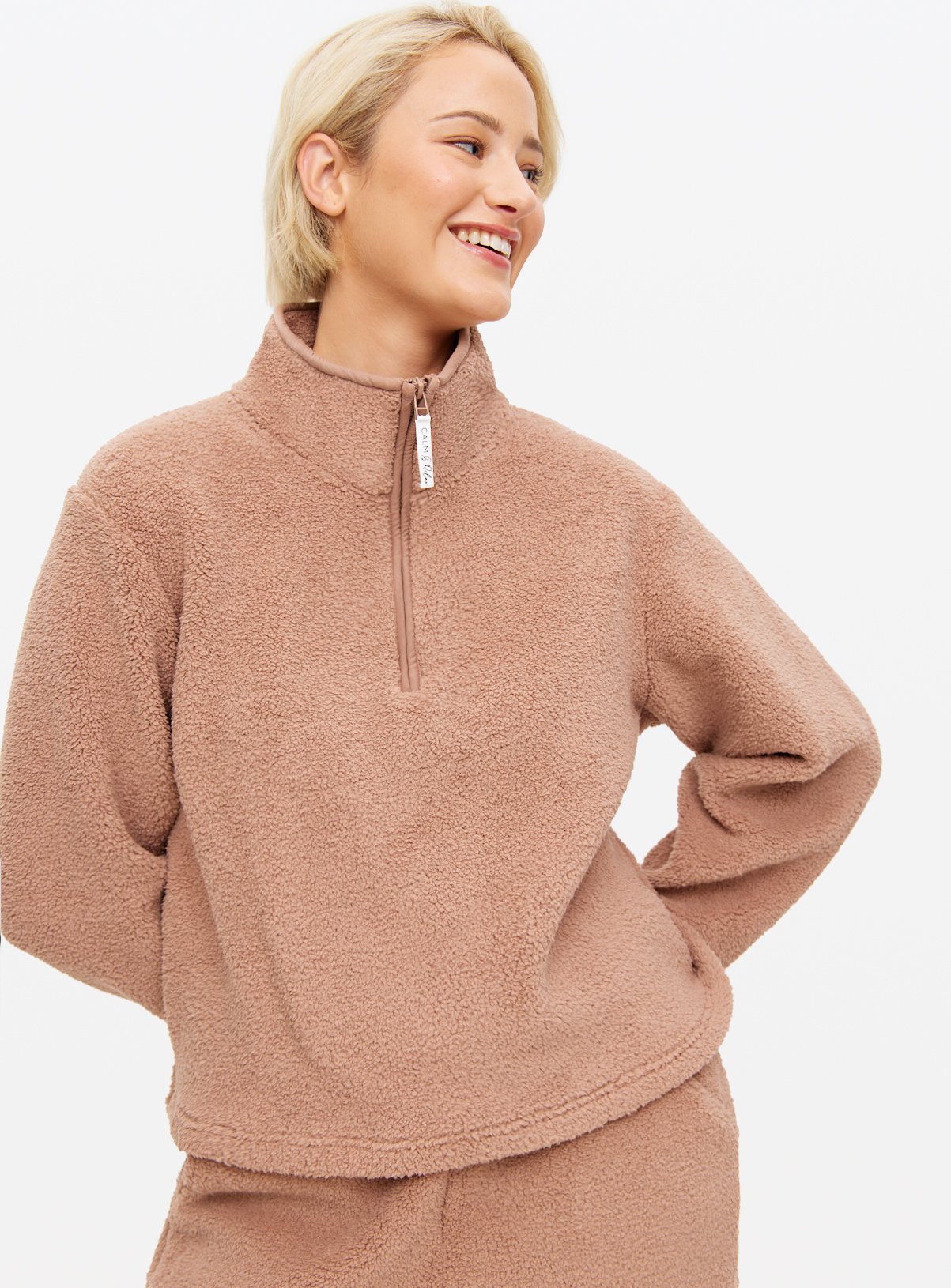 Neutral Borg Fleece Co-ord Half-Zip Pyjama Top 