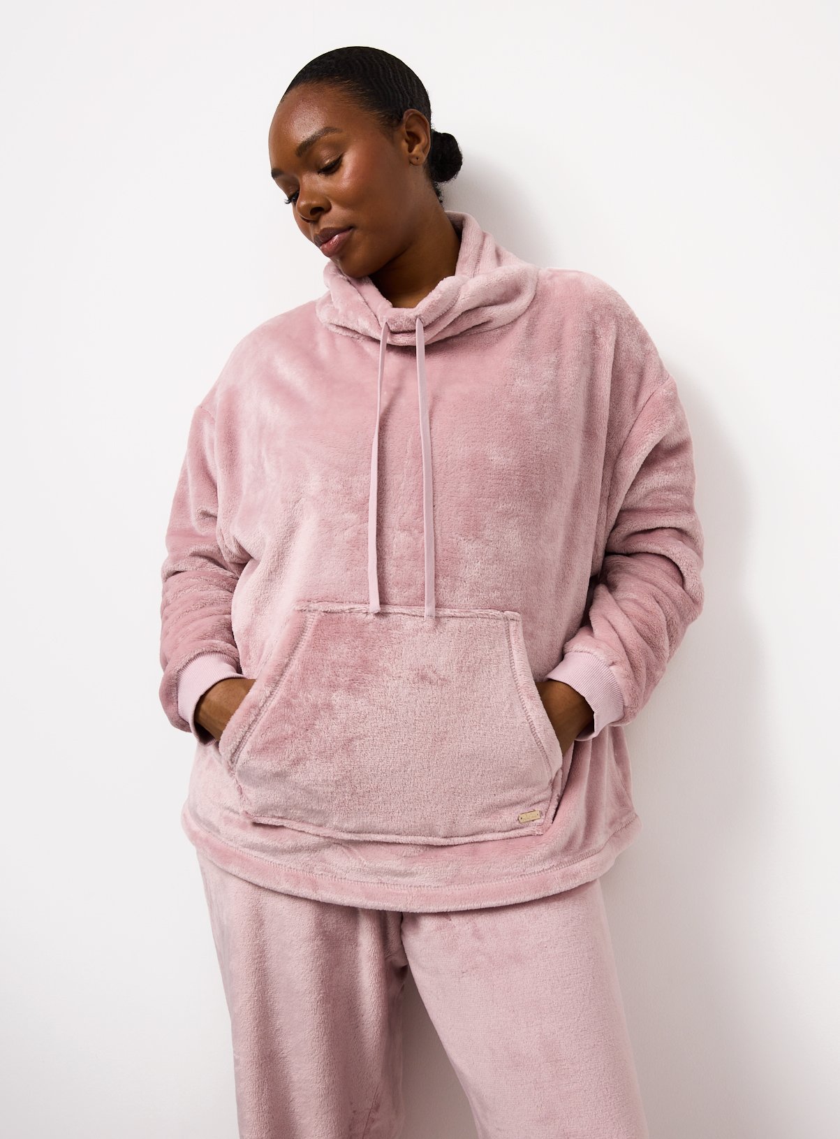 Pink Cowl Neck Plush Pyjama Set