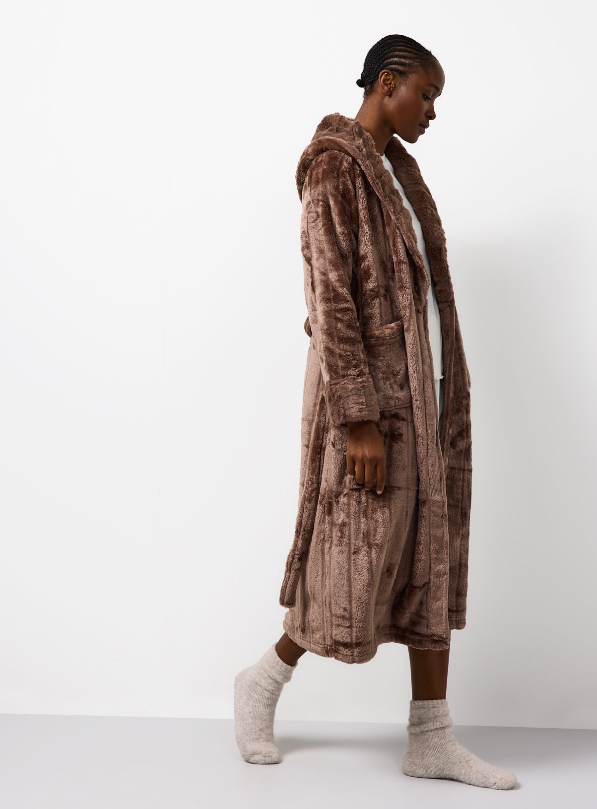 Mocha Carved Plush Hooded Dressing Gown
