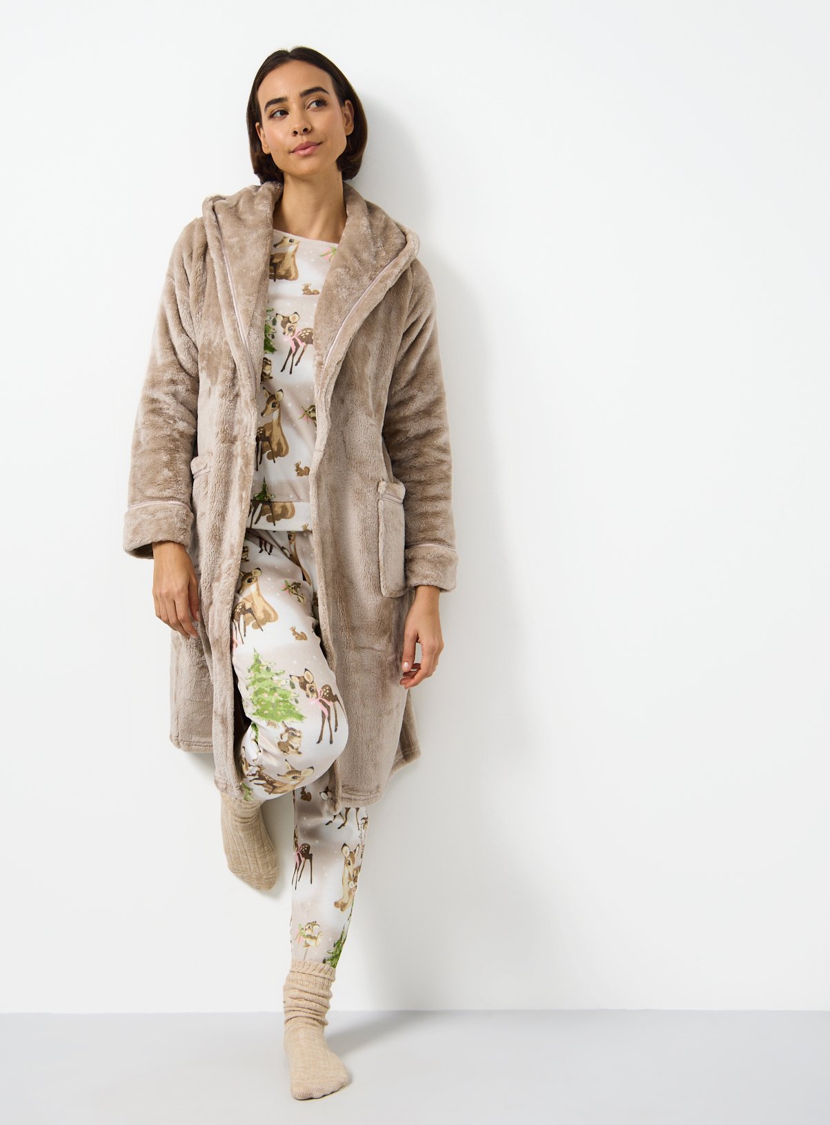 Latte Plush Fleece Hooded Dressing Gown 