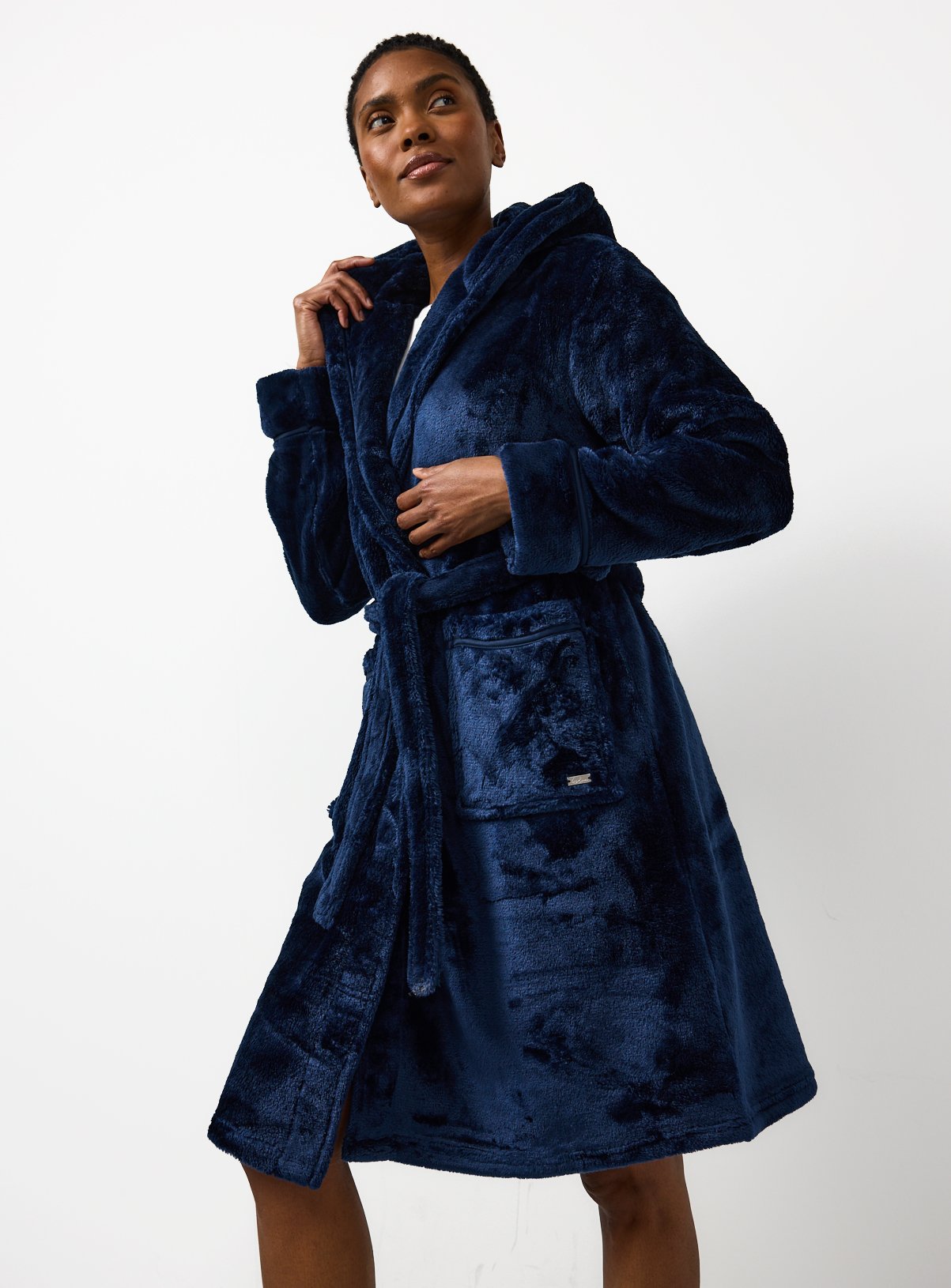 Navy Plush Fleece Hooded Dressing Gown