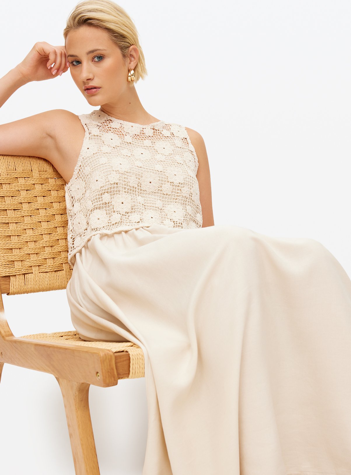 Neutral Crochet Overlay Midaxi Dress 20