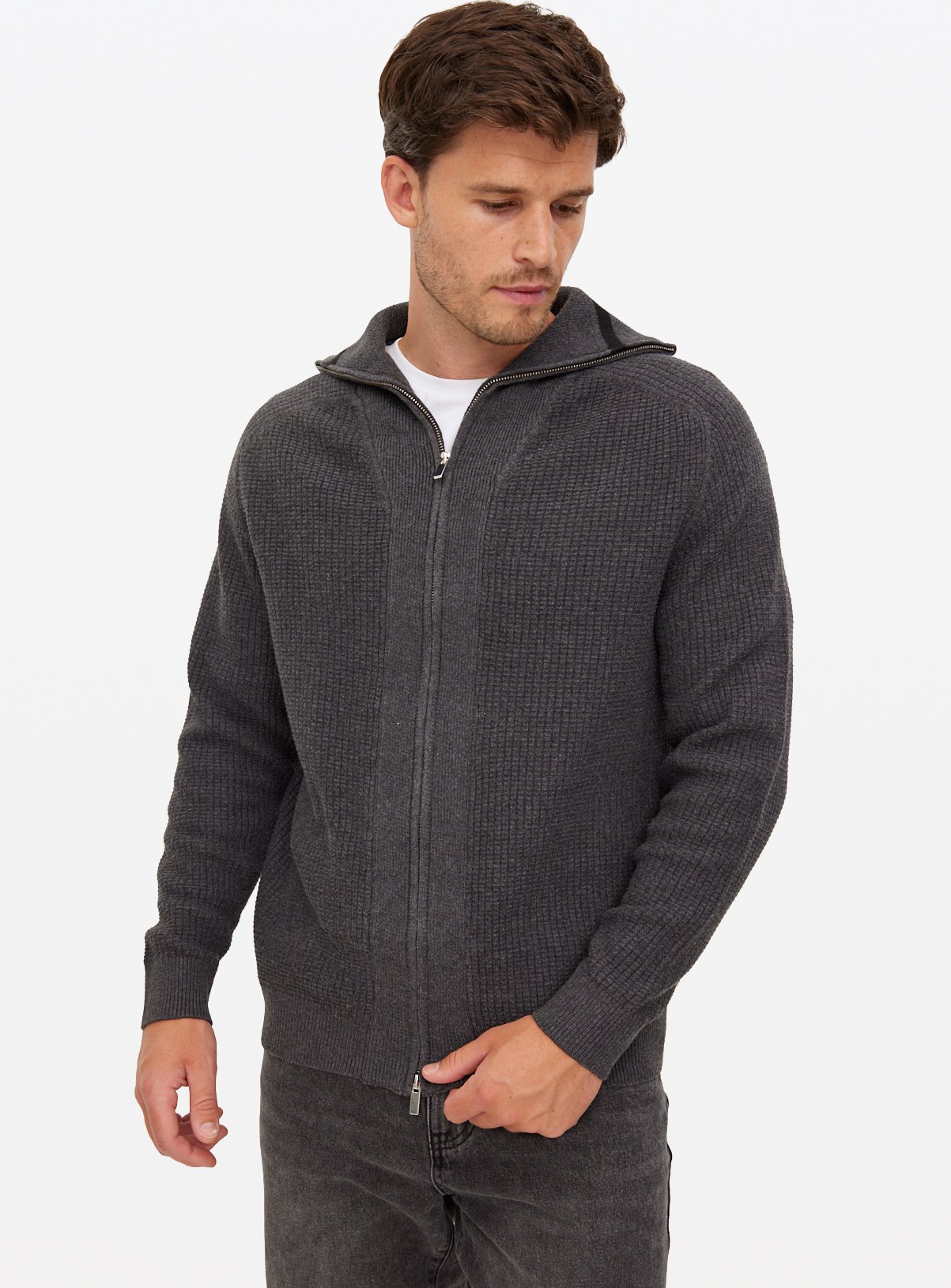 Charcoal Zip Through Waffle Knitted Jumper 