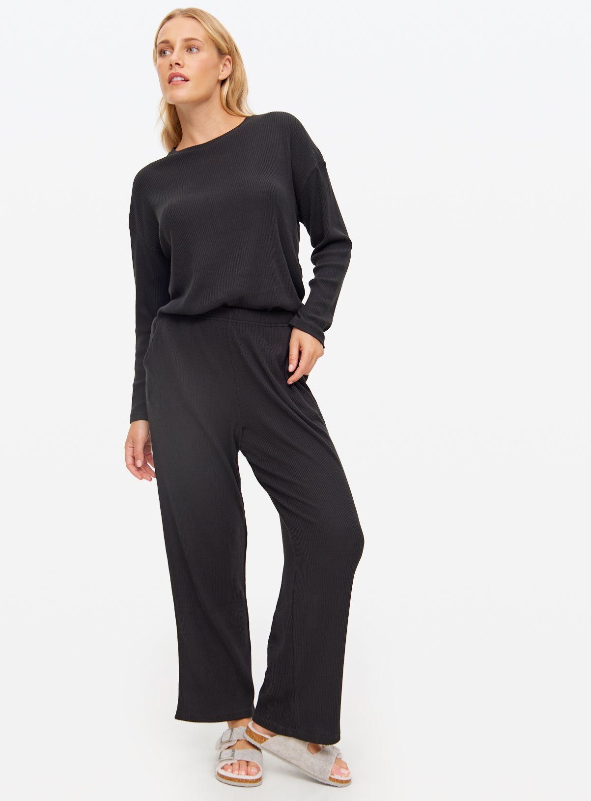 Black Ribbed Co-ord Wide Leg Pyjama Bottoms 