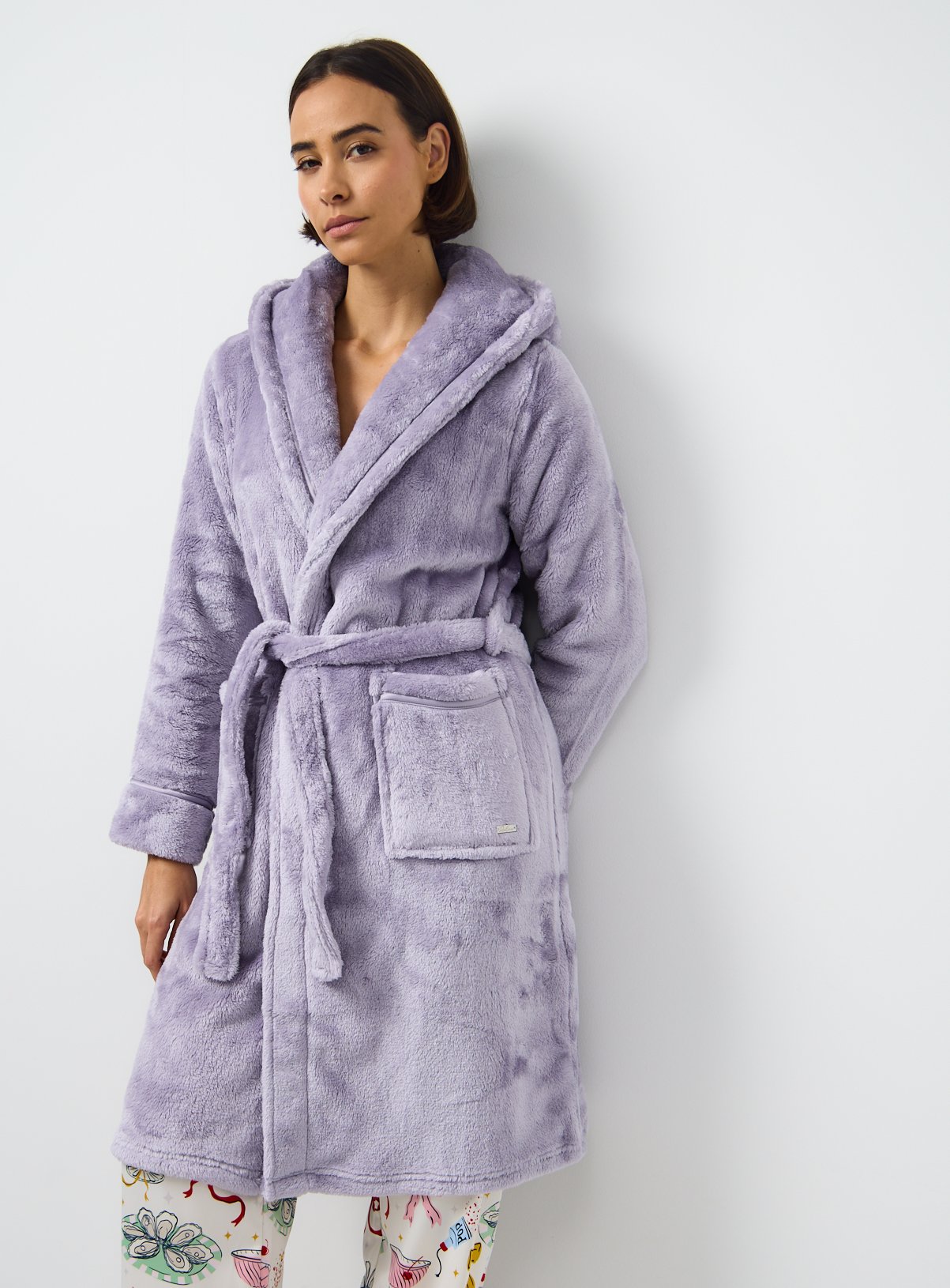 Lilac Plush Fleece Hooded Dressing Gown