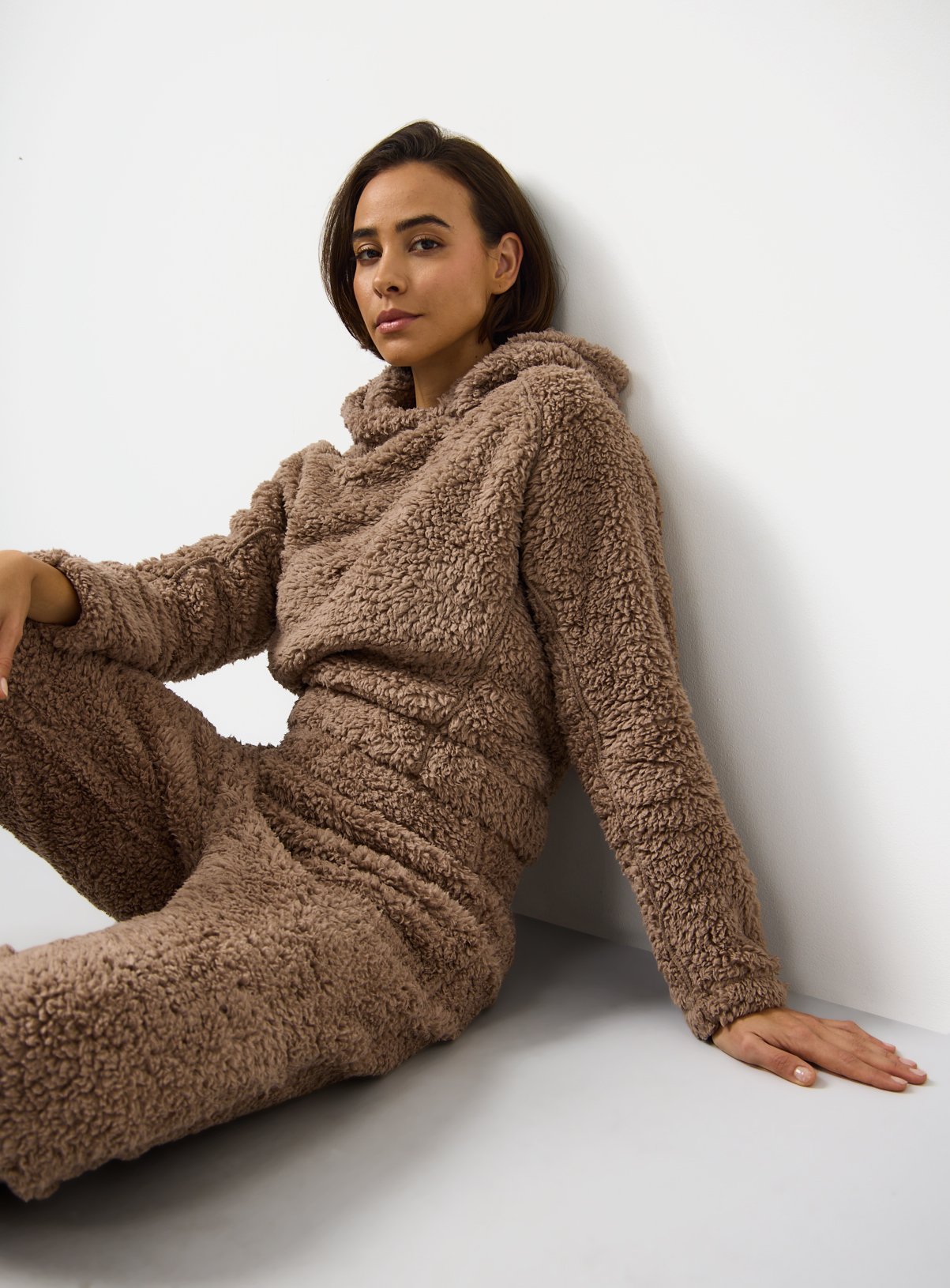 Mocha Borg Fleece Pyjama Hoodie And Joggers Set