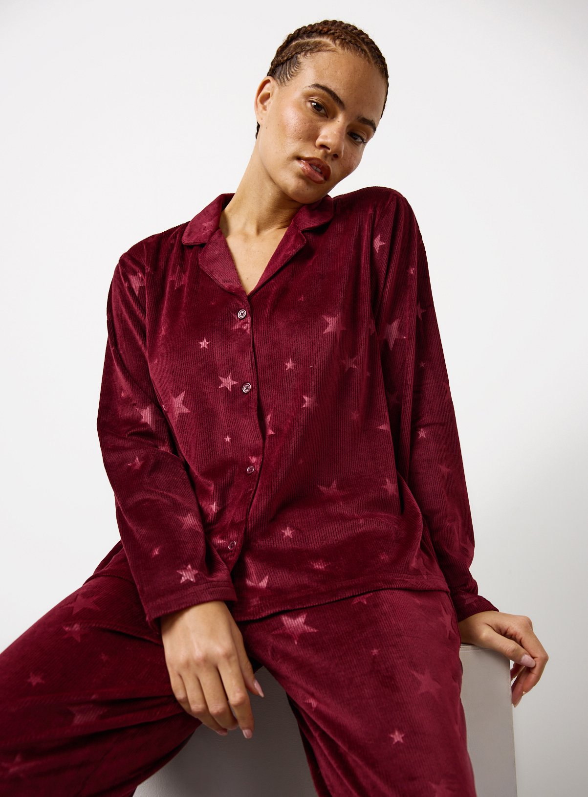 Burgundy Star Embossed Velour Pyjama Set 