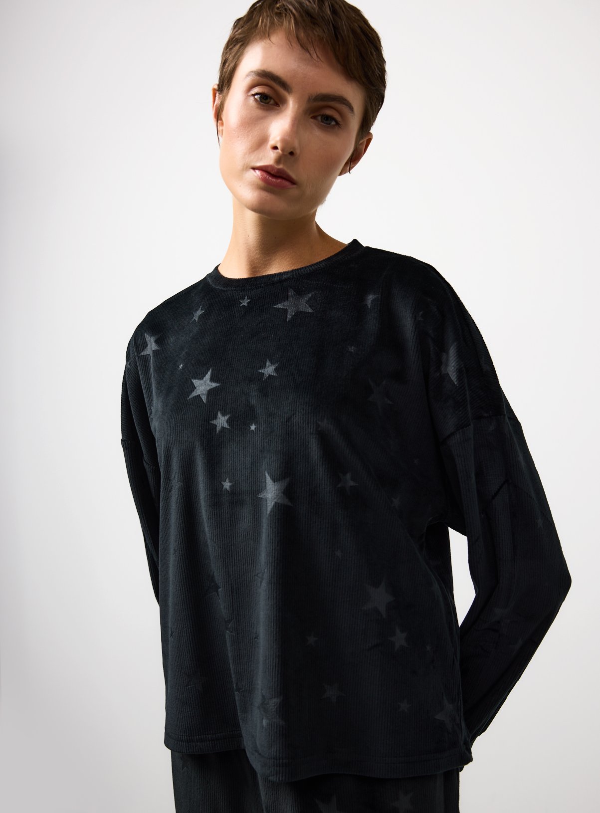 Black Star Embossed Velour Co-ord Pyjama Top L