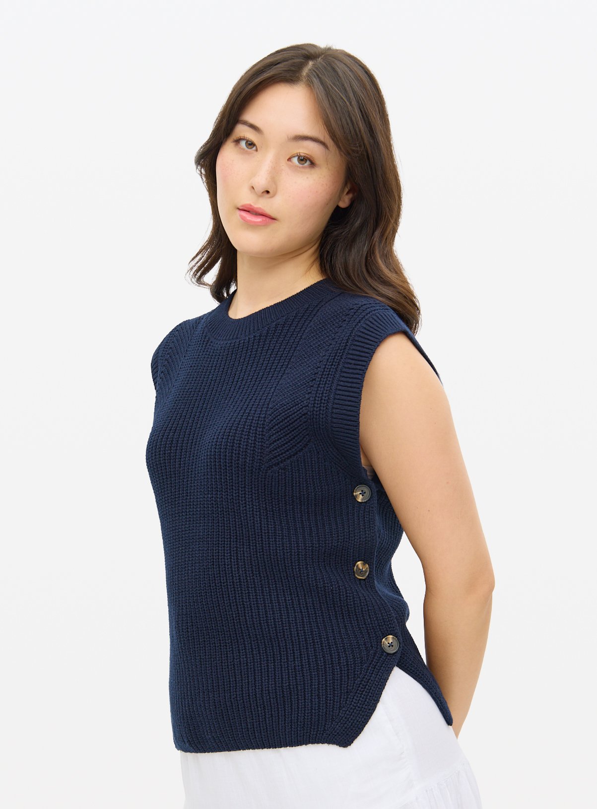 Navy Button Side Sleeveless Knitted Vest XL