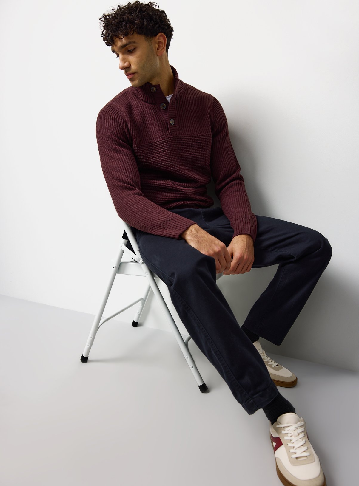 Brown Mixed Stitch Button Neck Jumper M